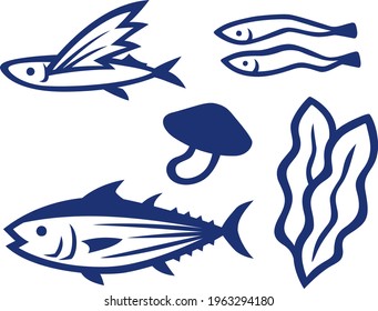 Illustration set of traditional Japanese soup stock (Dashi in Japanese) ingredients
