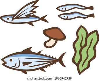 Illustration set of traditional Japanese soup stock ingredients (Dashi in Japanese)