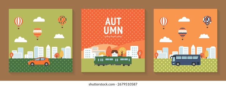 Illustration set of train, bus, car and balloon_Autumn townscape version