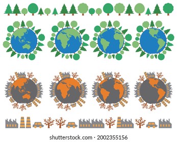 An illustration set of a tree growing earth and a dirty earth. Image of environmental protection and pollution.