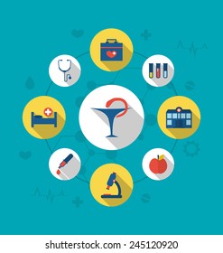 Illustration set trendy flat icons of medical elements and objects - vector