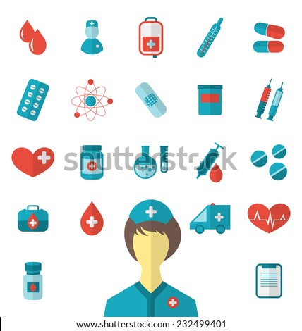 Illustration set trendy flat medical icons isolated on white background - vector