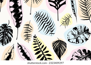 illustration set of tropical plants and leaves, hand drawn style, outline sketch.