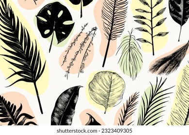 illustration set of tropical plants and leaves, hand drawn style, outline sketch.