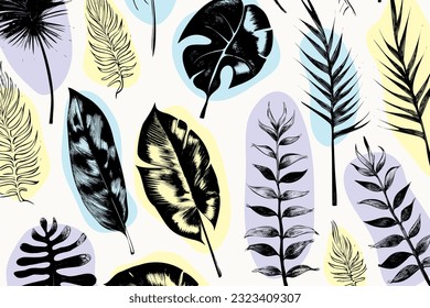 illustration set of tropical plants and leaves, hand drawn style, outline sketch.