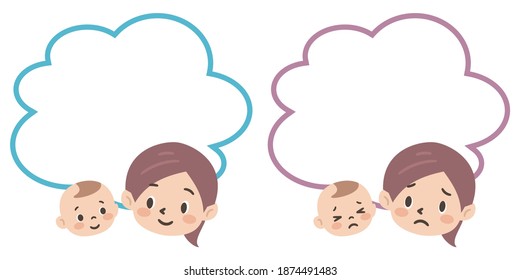 Illustration set of troubled facial expressions and smiling parents and balloons