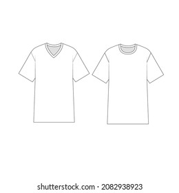 illustration set of t-shirts, vector. T shirt with v-neck template design. T shirt with round neck technical sketch.