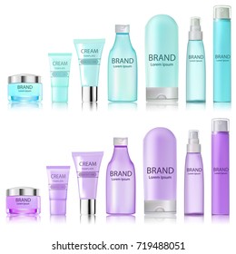 Illustration set of tubes, bottles of bottles of spray for cosmetics of different colors and shapes with reflection