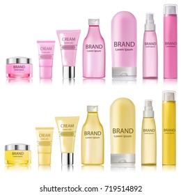 Illustration set of tubes, bottles of bottles of spray for cosmetics of different colors and shapes with reflection