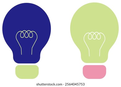 Illustration set of a turned off blue light bulb and a turned on yellow light bulb - inspiration, solution