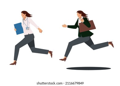 An Illustration Set Of Two Asian Female Businessmen Who Hurry And Run. Office Worker Avatar, White Background