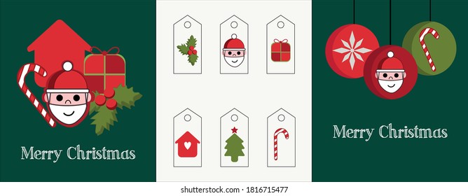 Illustration einer Reihe von zwei Karten und verschiedenen Tags für die Geschenke. Rote und grüne Grafik mit Weihnachtsmann, Kugeln, Kerzen, Baum und heiligen Weihnachten. 