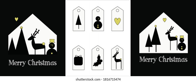 illustration of a set of two Chrsitmas cards and tags for the gifts. Black and white graphic with reindeers, snowman, christmas tree , gifts and holly christmas.