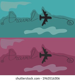 Illustration set of two compositions. Safe journey. Word travel and airplane. A banner with an English inscription.