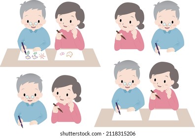 Illustration set of two elderly people, an old man and an old woman, coloring and painting for recreation.