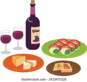 Illustration Set Of Two Glasses Of Red Wine And A Bottle, Cheese, Crackers And Caprese