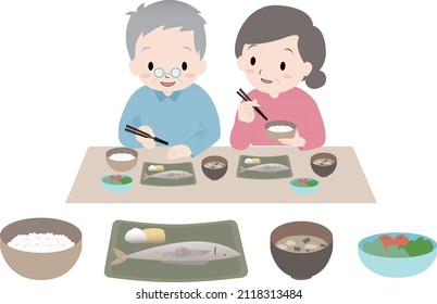 Illustration set of two Japanese elderly people, an old man and an old woman, eating a delicious meal, rice.