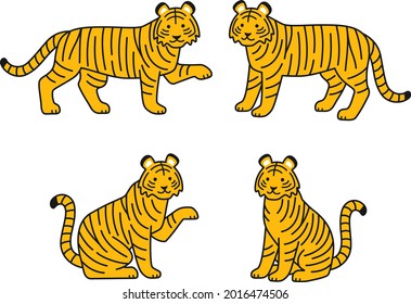 Illustration set of two pairs of tigers with outlines (standing, sitting)