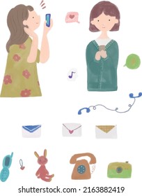 Illustration set of two women using smartphones