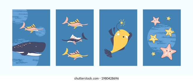 Illustration set for underwater life concept in pastel colors. Creative sea world illustration collection. Cute fish, whale, starfish on blue background. Can be used for banners, website designs