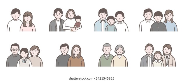 Illustration set of upper body of family of various generations