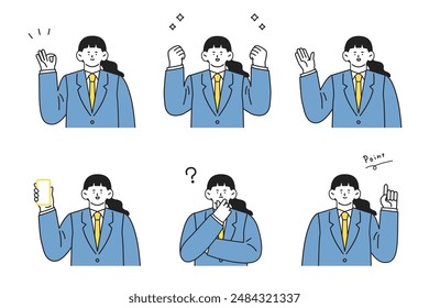 Illustration set of upper body of girl in school uniform posing