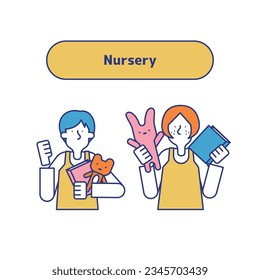 It is an illustration of a set (upper body) of men and women engaged in childcare.