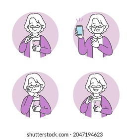 It is an illustration set of the upper body of a senior woman who operates a smartphone.Vector data that is easy to edit.