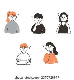 Illustrationsset des Oberkörpers einer jungen Frau, die sich fragt