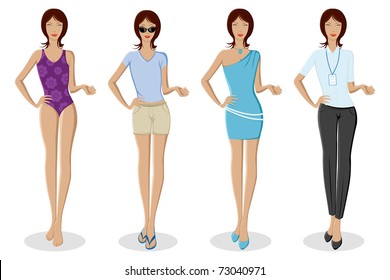 ilustración de un conjunto de mujeres urbanas con diferentes vestidos en antecedentes aislados