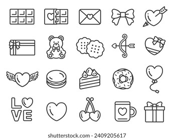 Illustration set of Valentine's Day icons (line drawings).