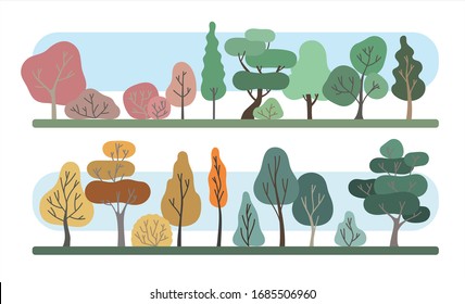 illustration set of variation colour imaginary tree, bush and plant. set of tree landscape front line perspective. flat plant vector.