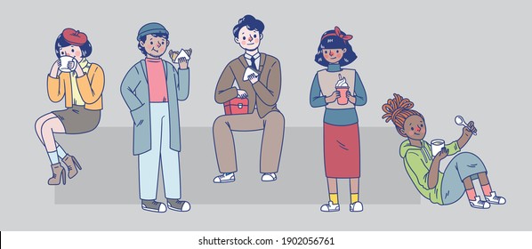 Illustration Set Of Variation People Eating Food. Young Millennial Male And Female Having Breakfast, Brunch Or Lunch. Flat Vector Illustration. 2d Cartoon Doodles.