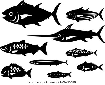 Illustration set of various fish　silhouettes