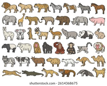 Illustration set of various animals (color line drawings).