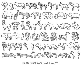 Illustration set of various animals (line drawings).