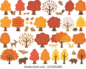 Illustration set of various autumnal trees and forest animals in hand drawn style