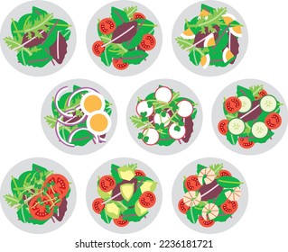 Illustration set of various baby leaf salads