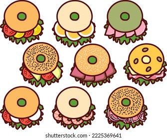 Illustration set of various bagel sandwiches