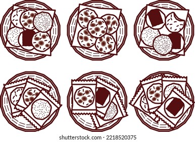 Illustration set of various basket rice crackers