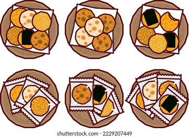 Illustration set of various basket-filled rice crackers