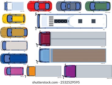 Illustration set of various car models seen from above