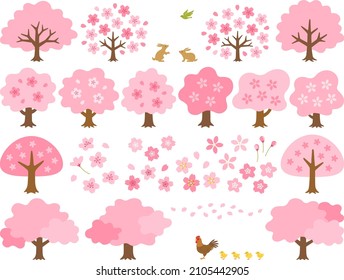 Illustration set of various cherry trees and cherry blossoms