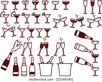 Illustration set of various cocktails and champagne