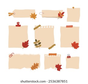 An illustration set of various combinations of fallen leaves, blank labels, memos, and notebooks with the concept of the fall season.