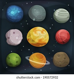 Illustration of a set of various comic planets, moons, asteroid and earth globes on scifi starry space background