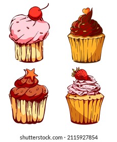 Illustration set of various cupcakes. Sweet food chocolate creamy cupcake set isolated sketch vector illustration