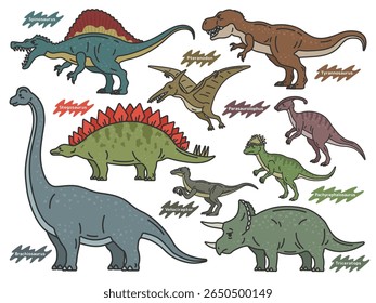 Illustration set of various dinosaurs (line drawing color).