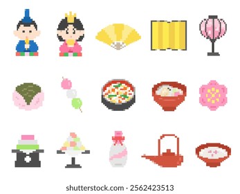 An illustration set of various Doll's Festival pixel art.