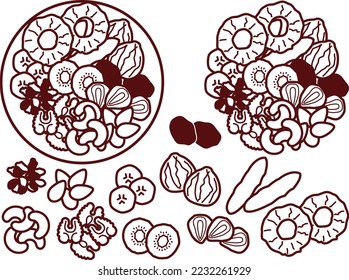 Illustration set of various dried fruits and nuts